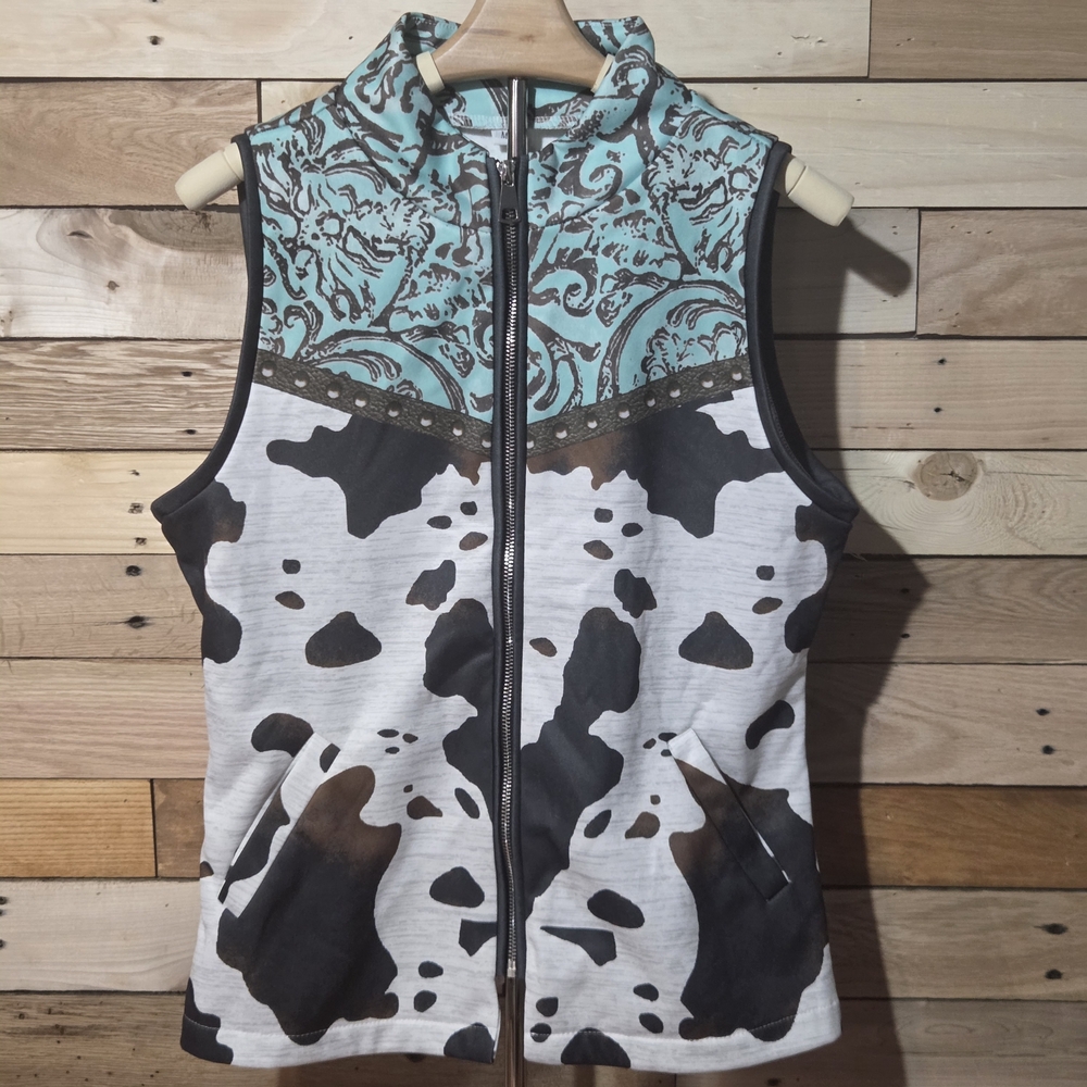 ​Western Cow Print Vest Women's Medium Green Tooled Leather Pattern Full Zip